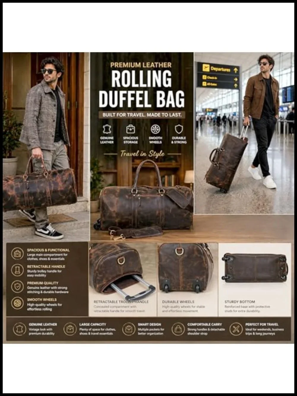 Vintage Leather Rolling Duffel Bag with Trolley Handle - Oversized Weekender
